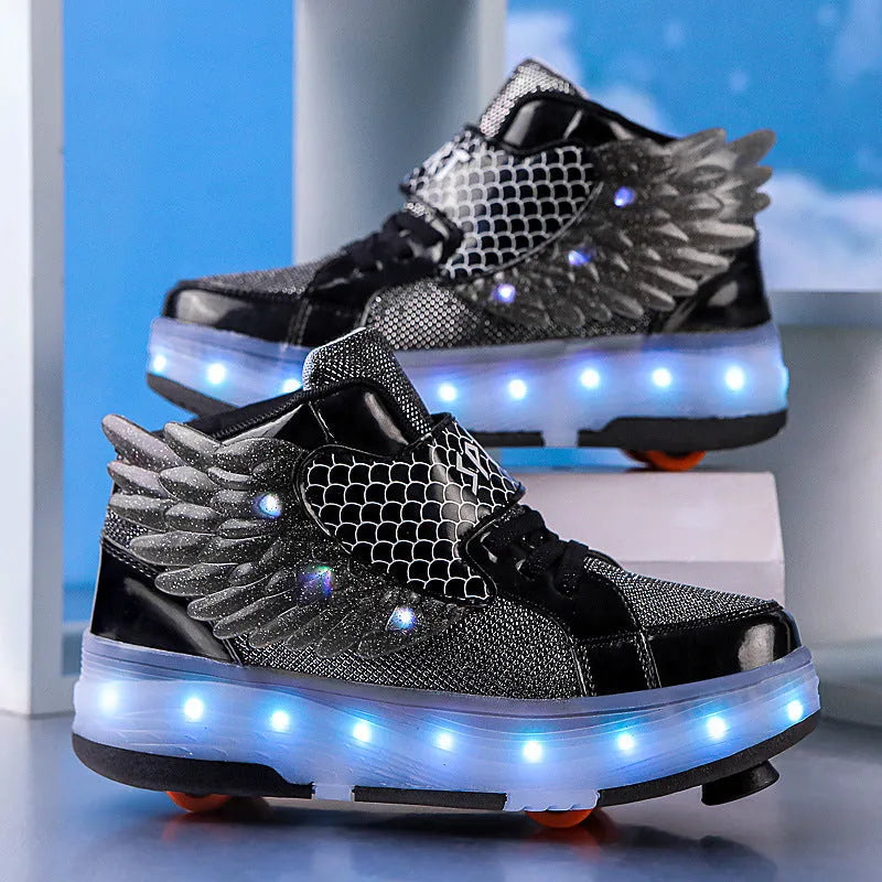 Children's double-wheel roller skates with LED luminous wheels in pink, black, and white, unisex design