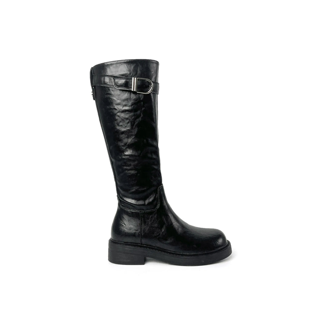 Women's knee-high black retro Martin boots with mid heel and side zipper on a white background