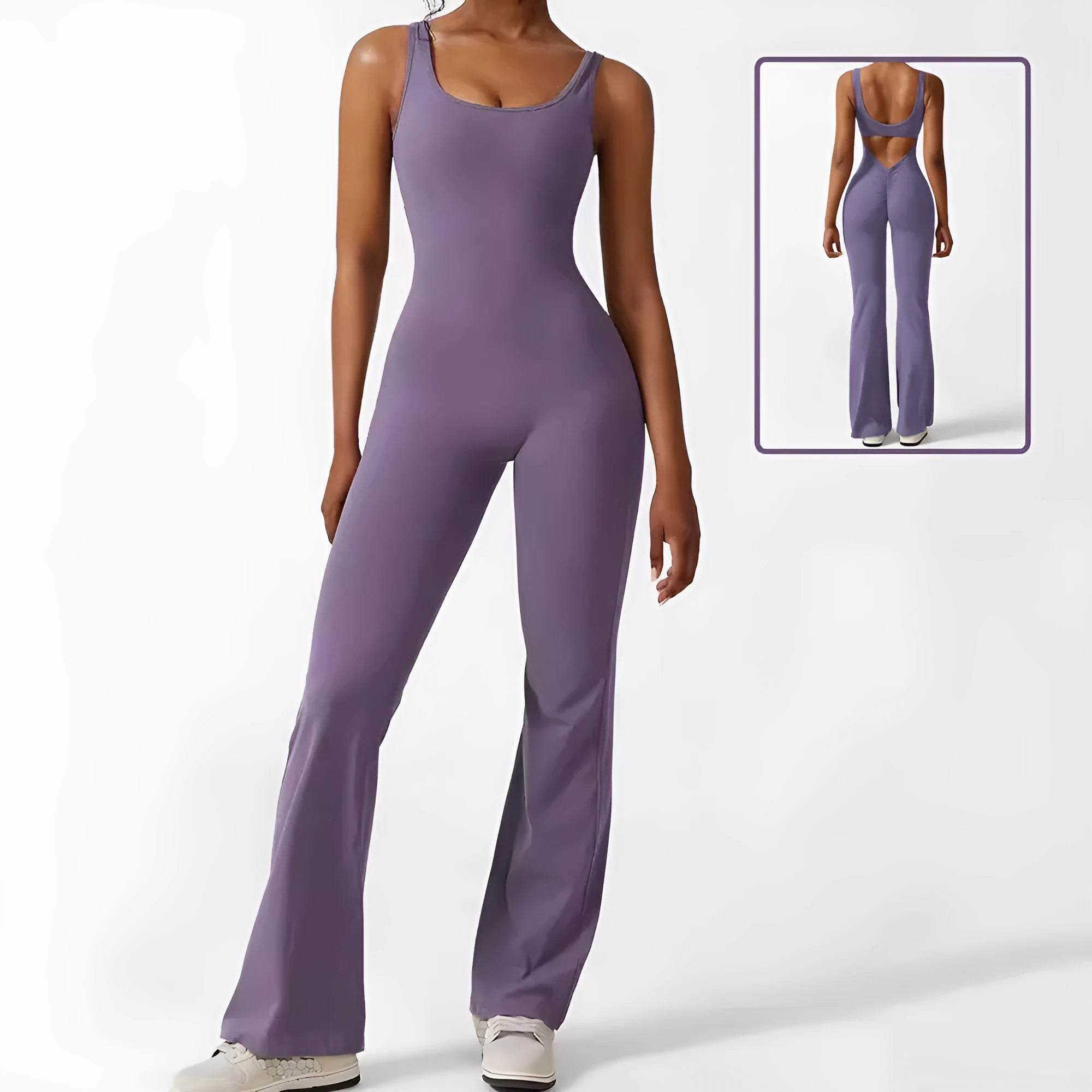 Women's sleeveless flare jumpsuit yoga pants in high elasticity polyester fabric
