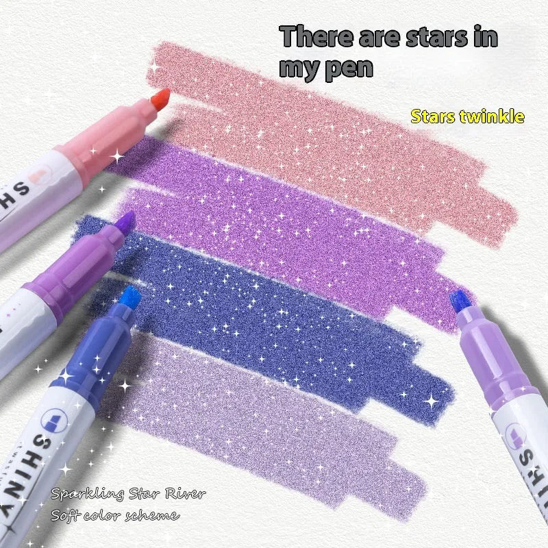 Four glitter fluorescent highlighter pens with slanted tips in six glitter ink colours
