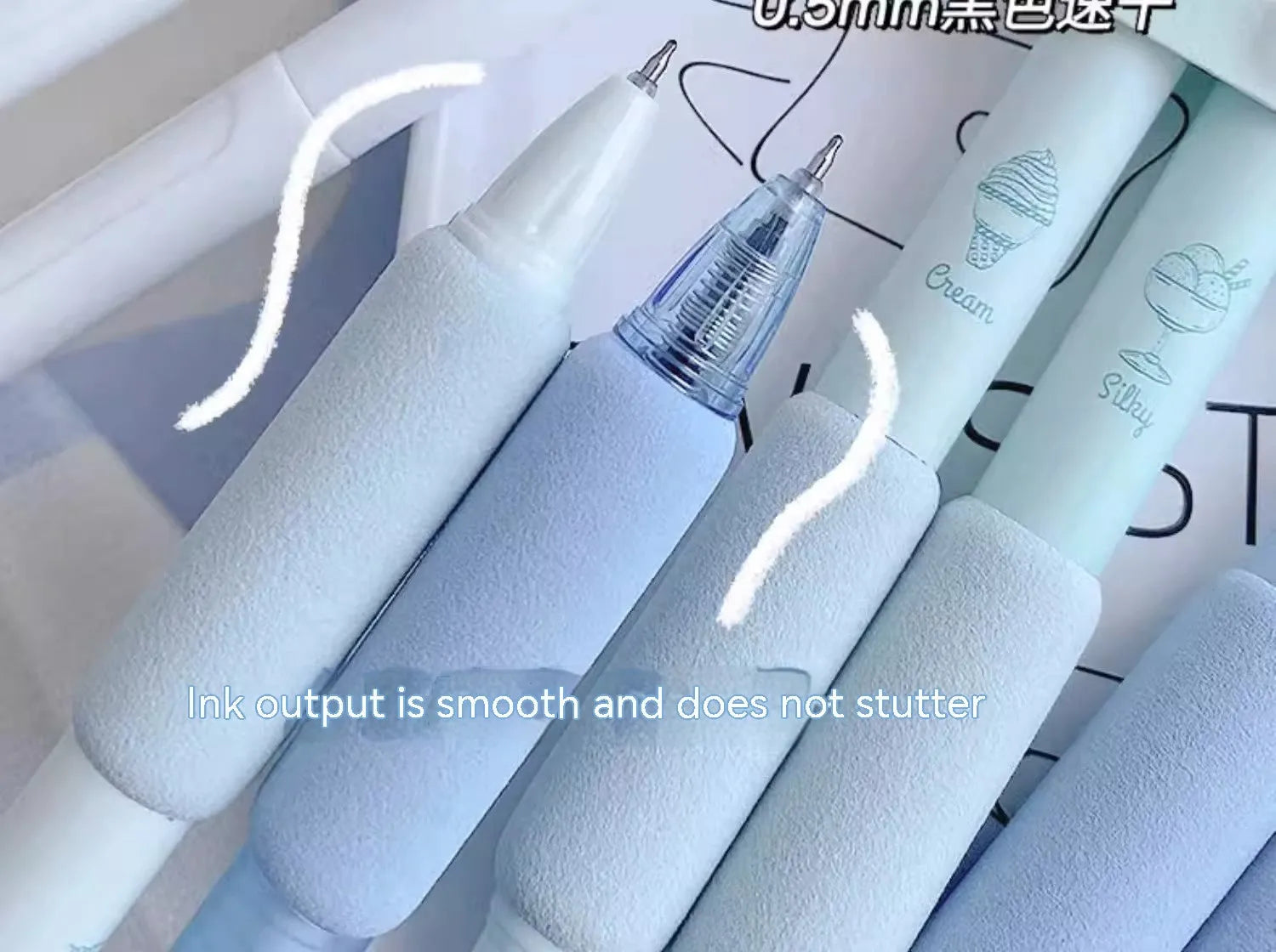 Double-ended fluorescent highlighter pen with ice cream sponge press design and 0.5mm tip