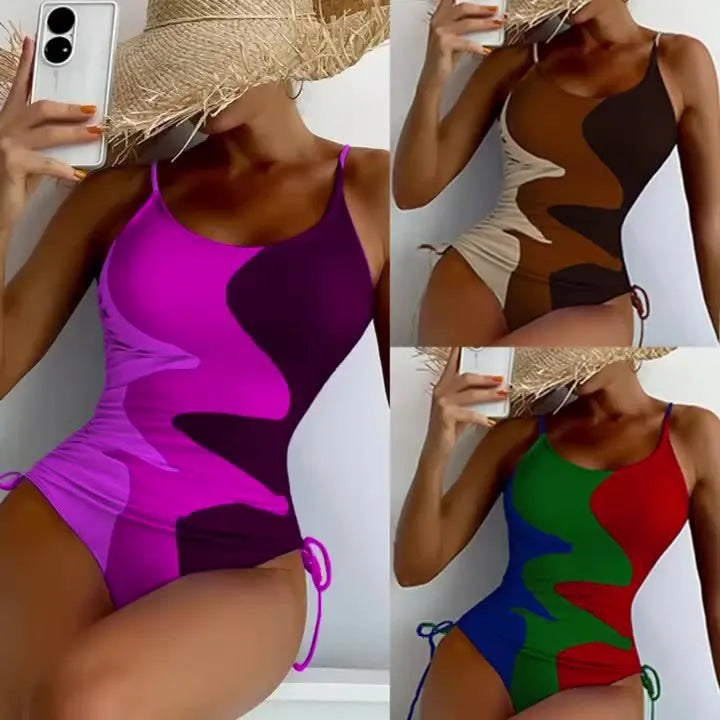 Women's blue one-piece swimsuit with sleeveless design and fixed swimming trunks