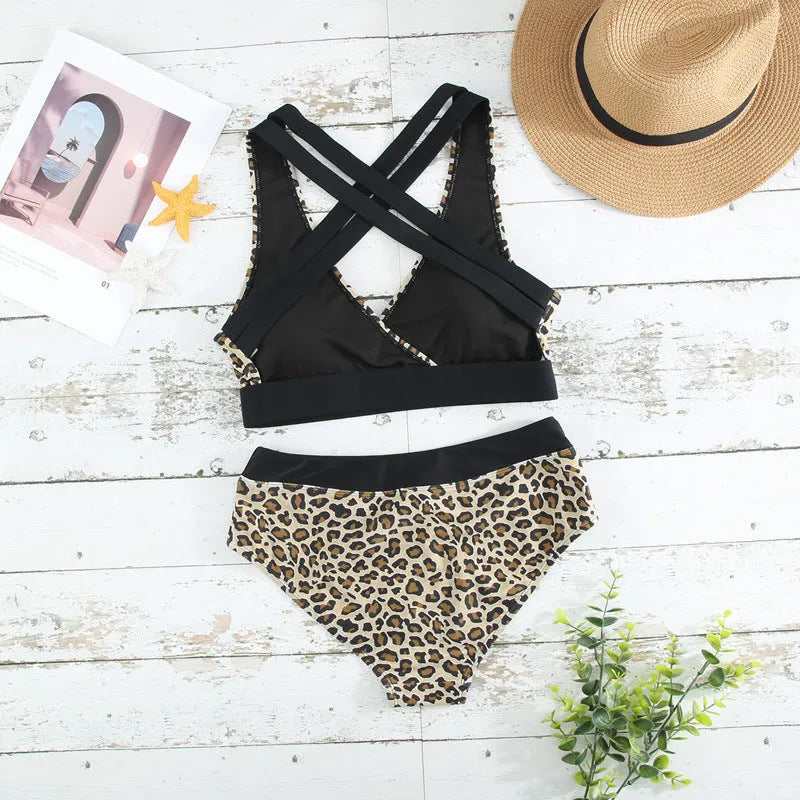 Leopard print cross-band bikini with V-neck top and split-side briefs for women