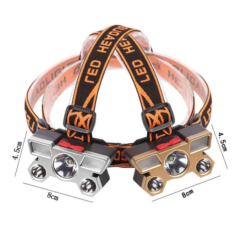 Super bright 10W LED miner's head torch lamp with headband on a colour box with data cable.