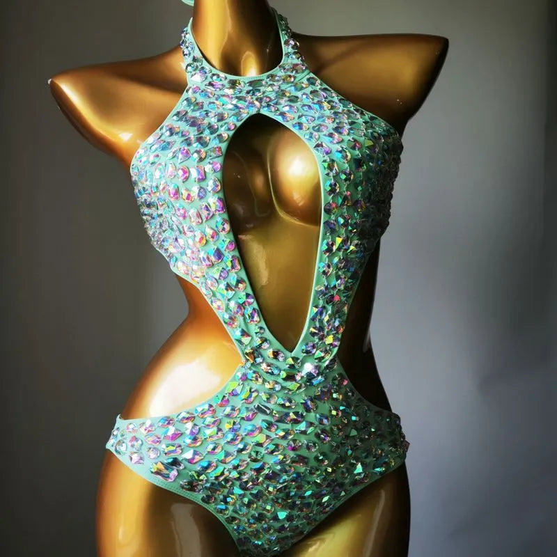 Women's black one-piece swimsuit with a diamond mesh pattern on the front.