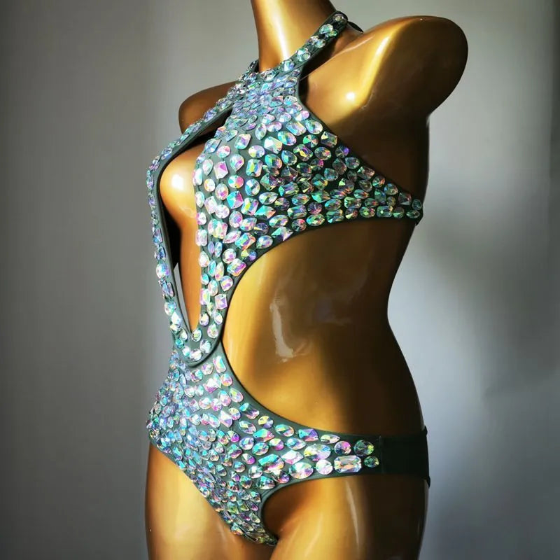 Women's black one-piece swimsuit with a diamond mesh pattern on the front.