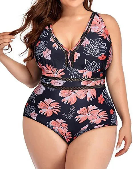 Black plus size women's swimsuit with all-over print pattern and mesh fabric stitching details