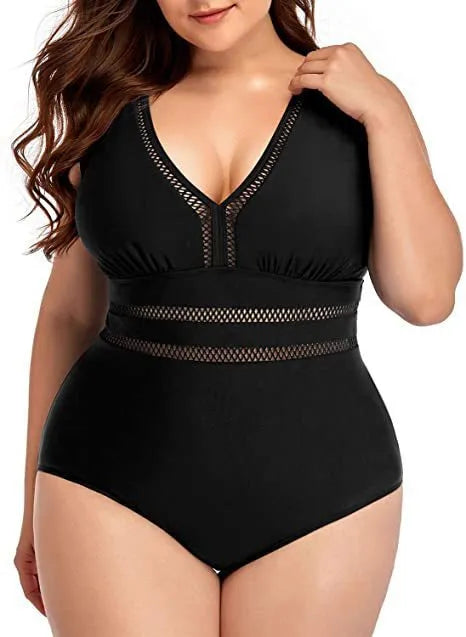 Black plus size women's swimsuit with all-over print pattern and mesh fabric stitching details
