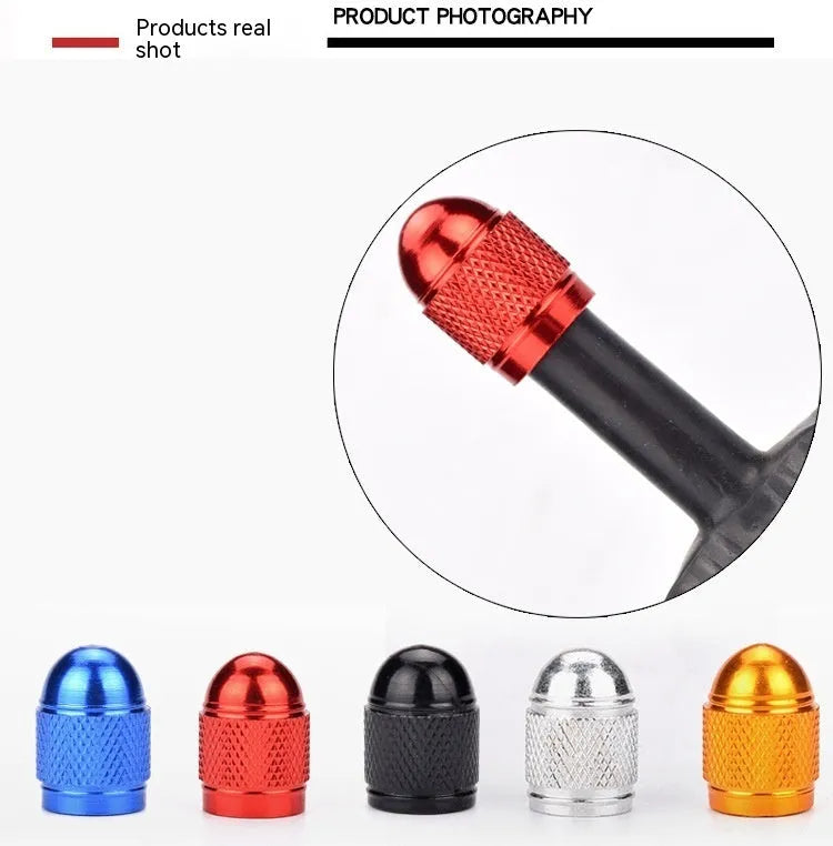 Aluminium alloy mountain bike tyre valve cap with decorative sleeve in five colour options.