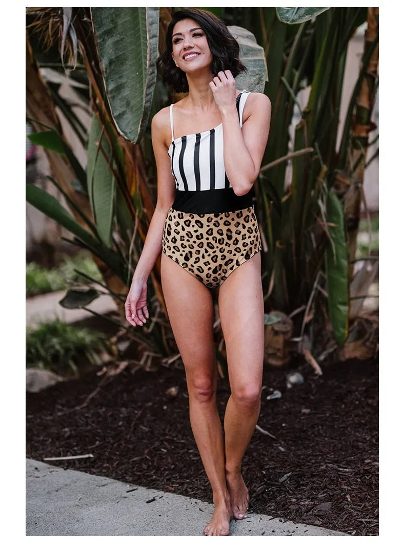 Leopard print women's one-piece swimsuit with asymmetric collar and high-waisted briefs