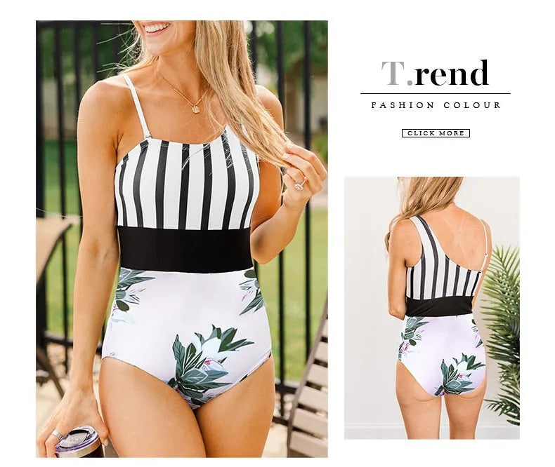 Leopard print women's one-piece swimsuit with asymmetric collar and high-waisted briefs
