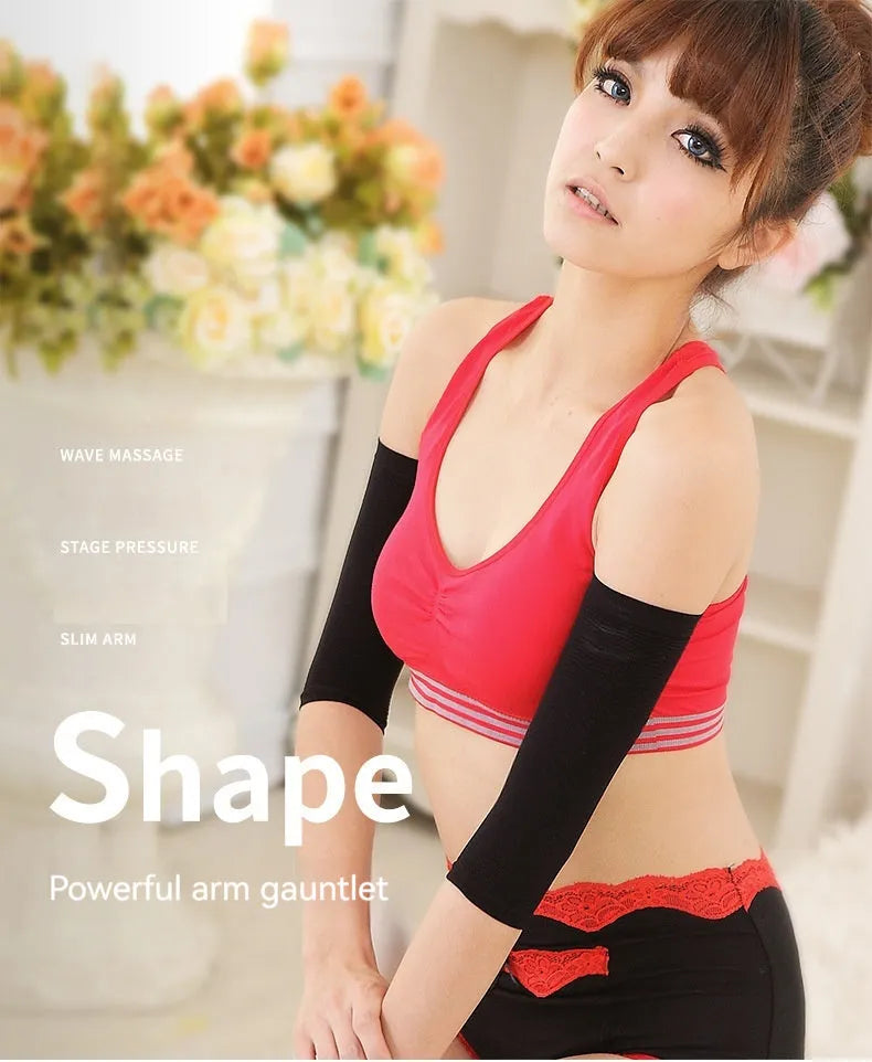 A pair of women's black shaping arm sleeves made from nylon fabric.