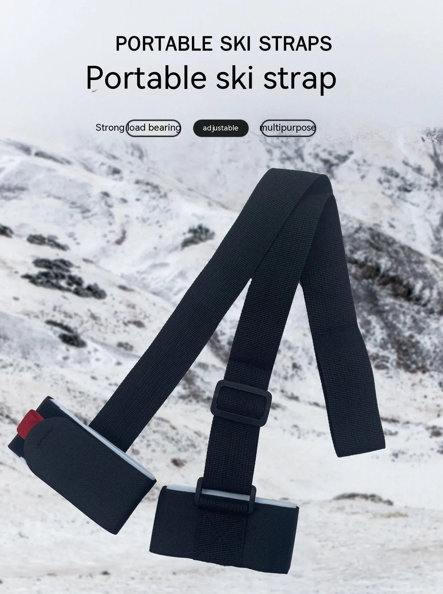 Hook and loop ski bandage with adjustable shoulder strap in multiple colour options