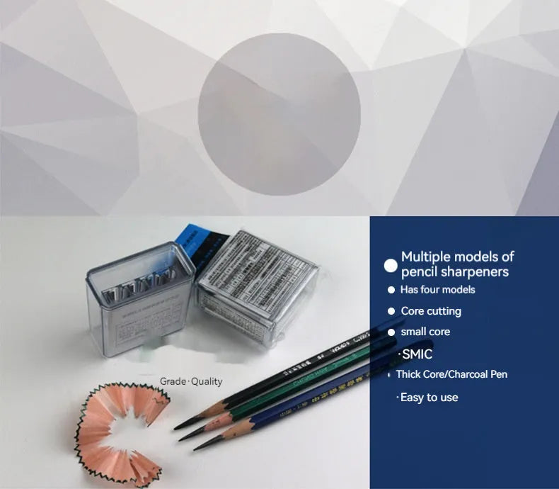 Geometric plastic pencil sharpener with four holes and maintenance screwdriver for art sketching