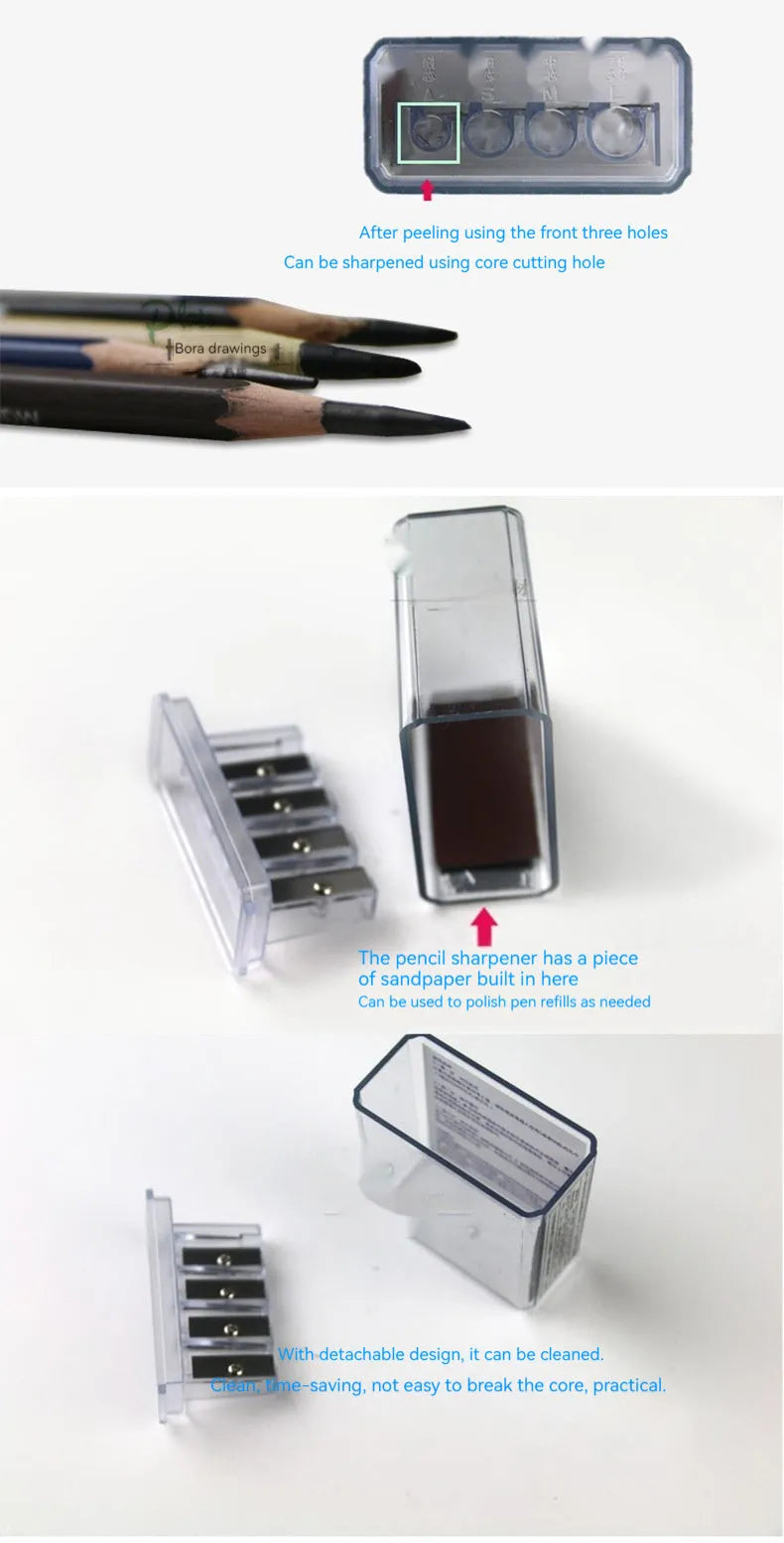 Geometric plastic pencil sharpener with four holes and maintenance screwdriver for art sketching