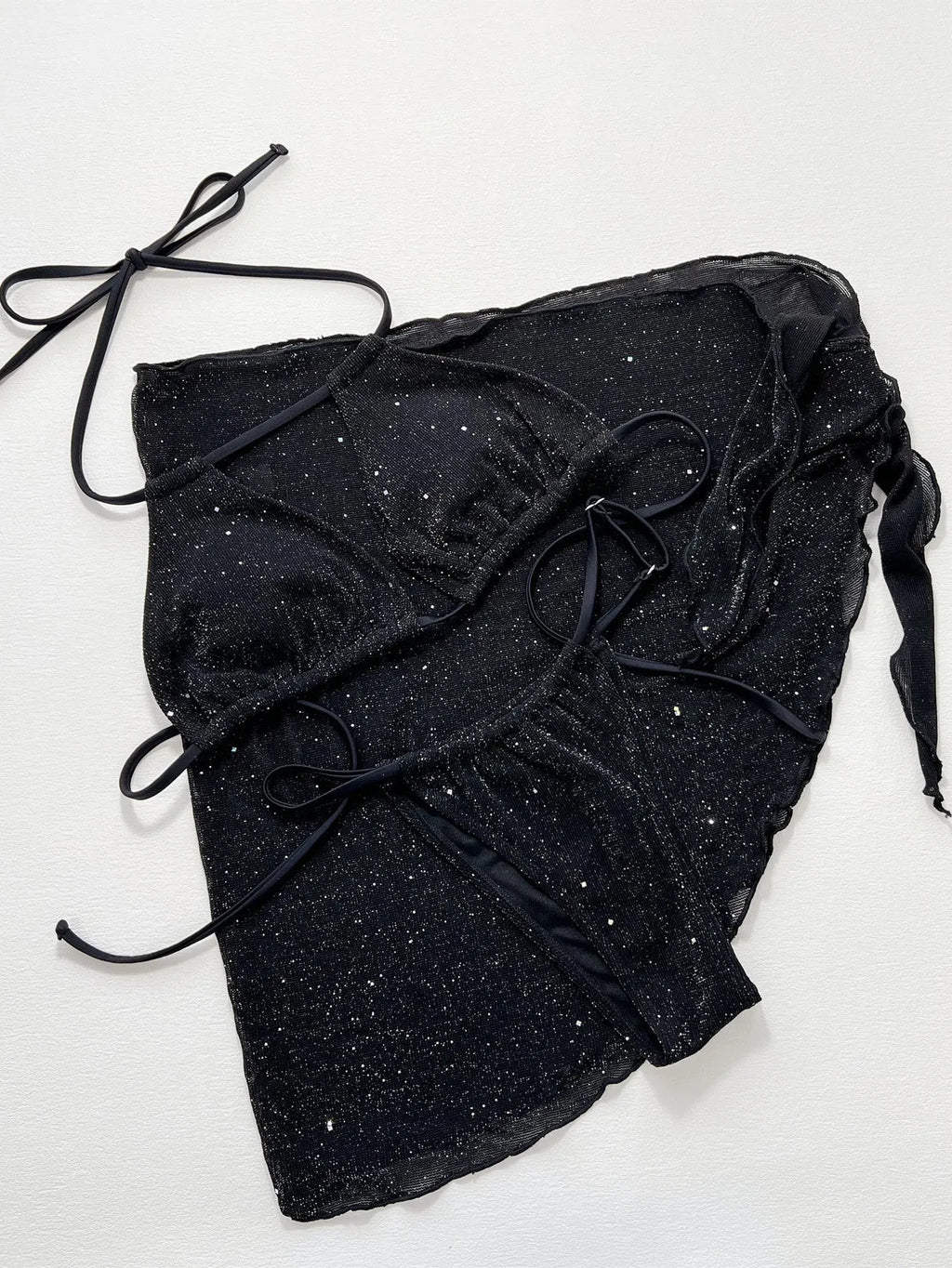 Black three piece bikini set with high waist shorts and top made of polyester fiber