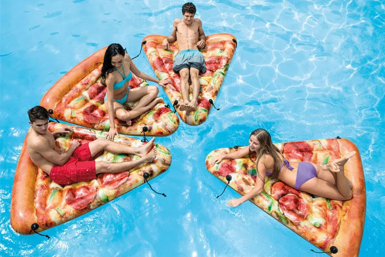 Large inflatable pizza slice surfboard float for swimming pools