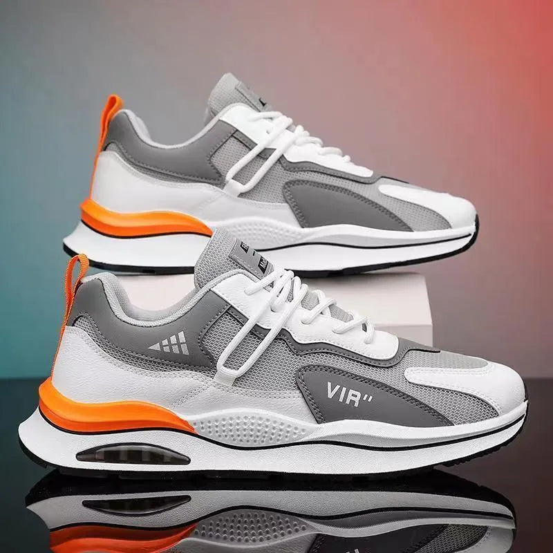 Men's gray and black breathable mesh casual running shoes with a round toe and EVA sole.