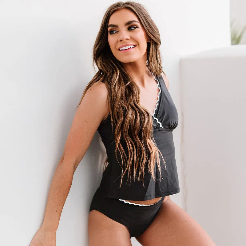 Black solid color split swimsuit for women sleeveless nylon bikini set size 2XL