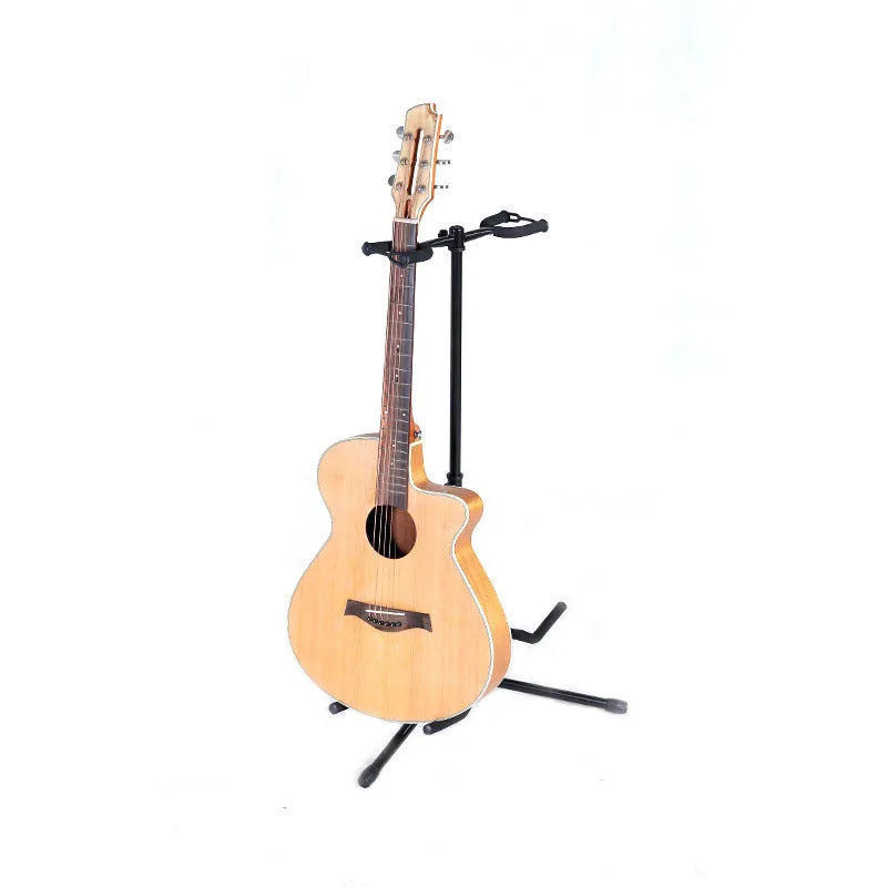 Black iron vertical double-headed folding guitar stand holding two guitars.