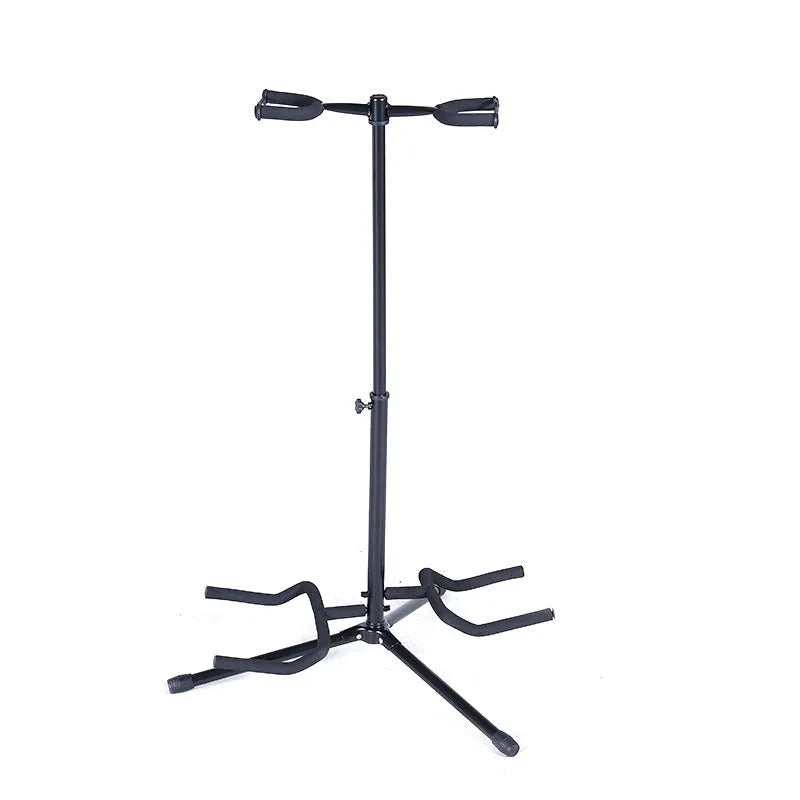 Black iron vertical double-headed folding guitar stand holding two guitars.