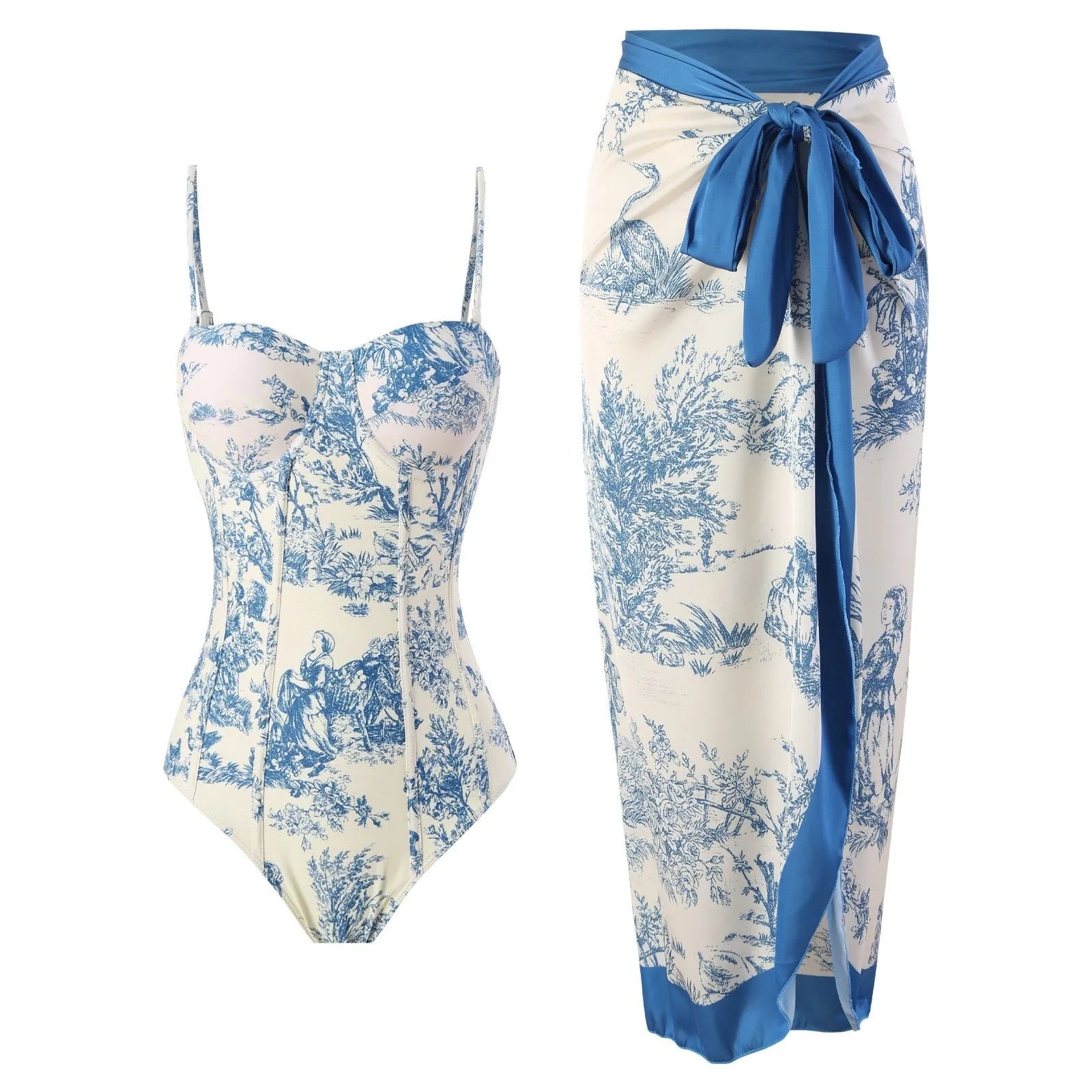 Blue women's one-piece swimsuit with matching gauze skirt accessory on mannequin