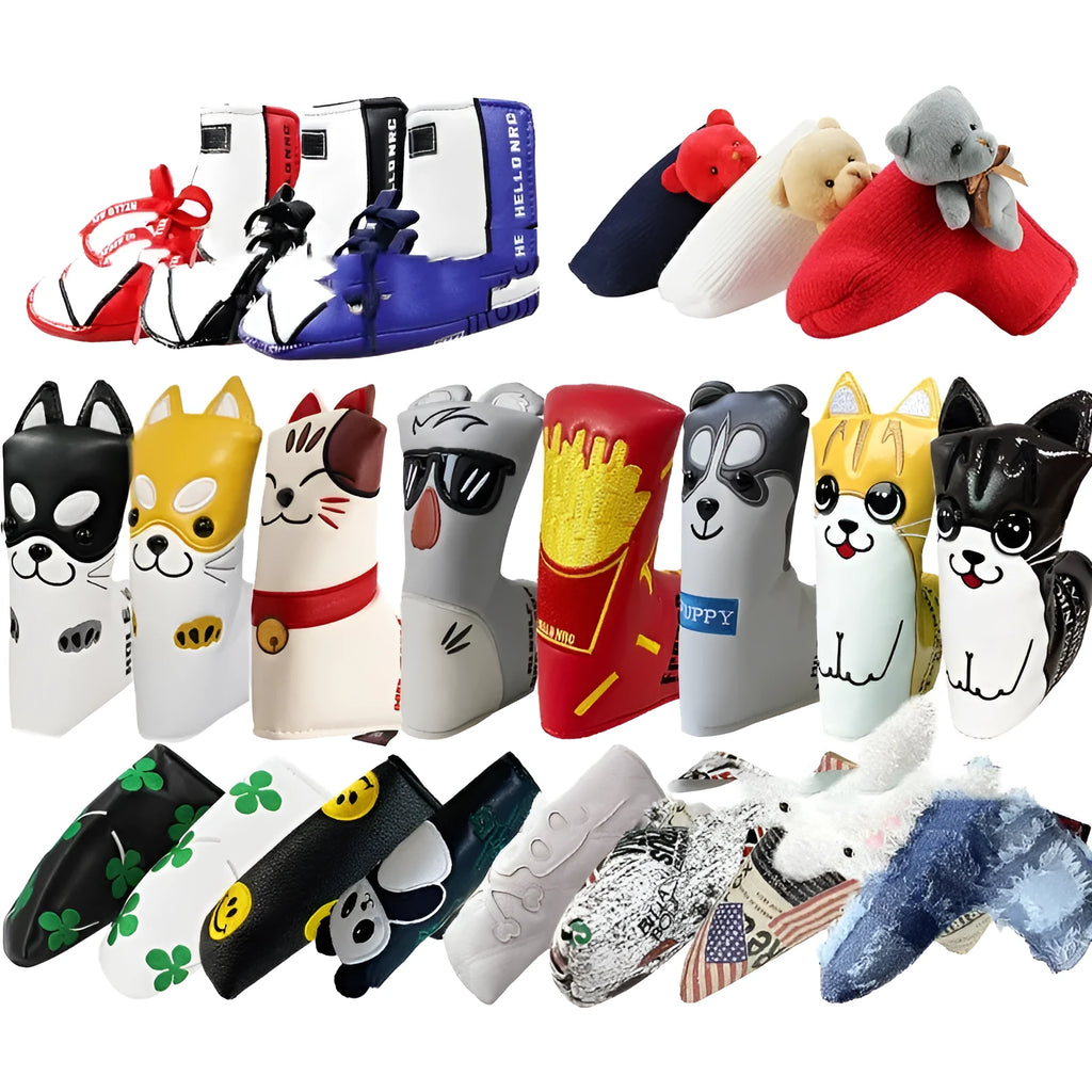 Golf putter sleeve with waterproof PU exterior and fleece lining in various animal and pattern designs