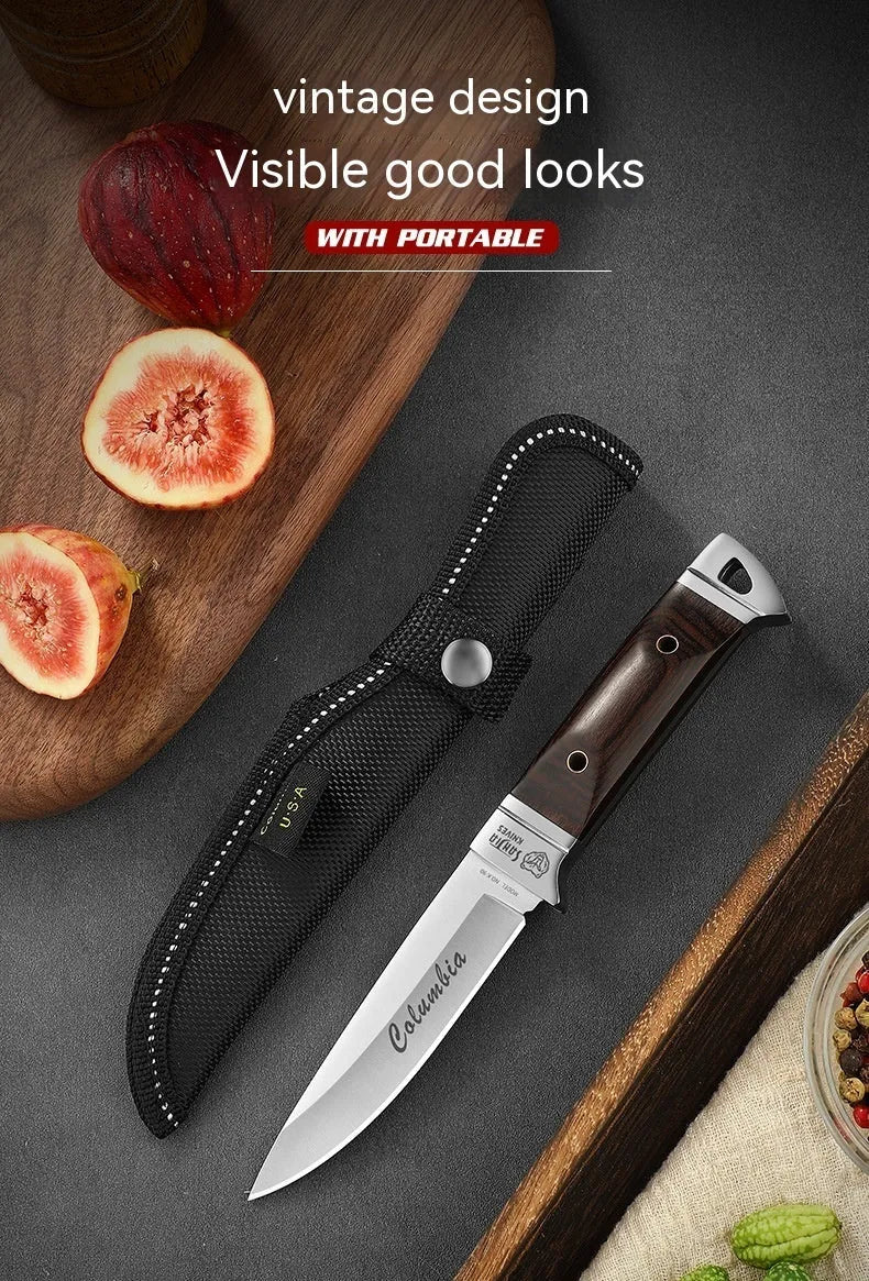 Camping portable fruit knife with stainless steel blade and leather protective case