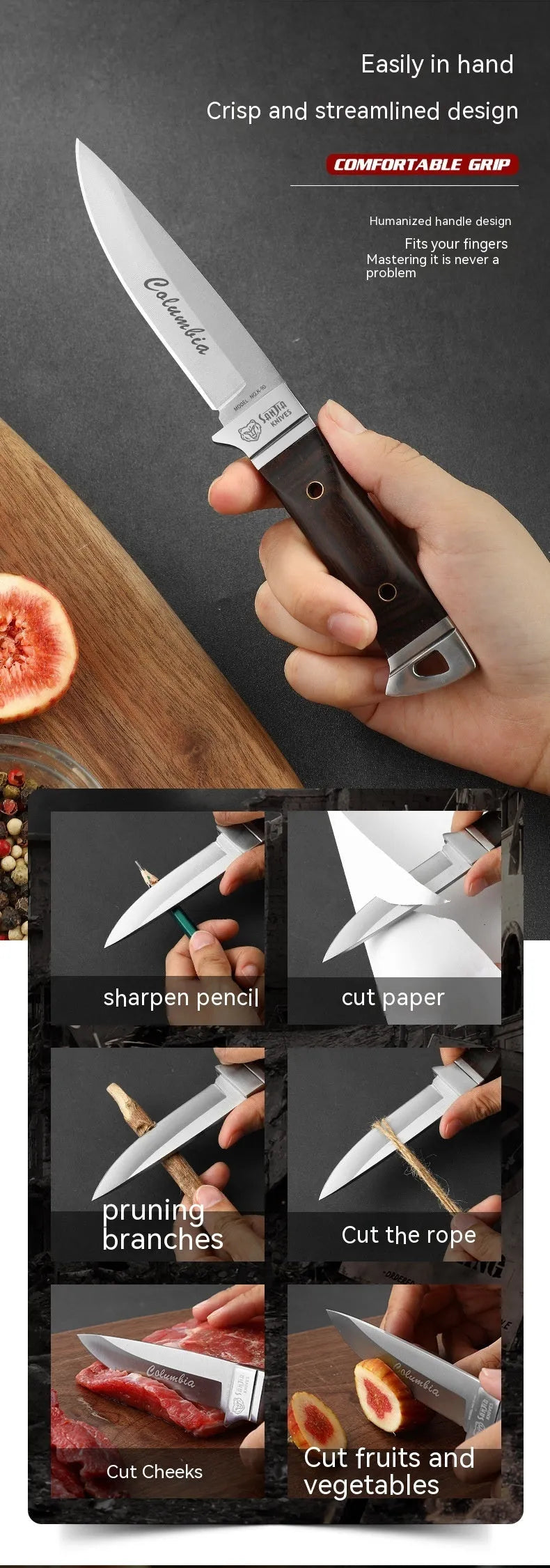 Camping portable fruit knife with stainless steel blade and leather protective case