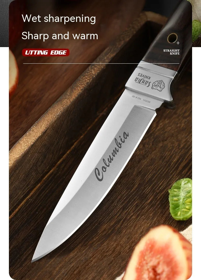 Camping portable fruit knife with stainless steel blade and leather protective case
