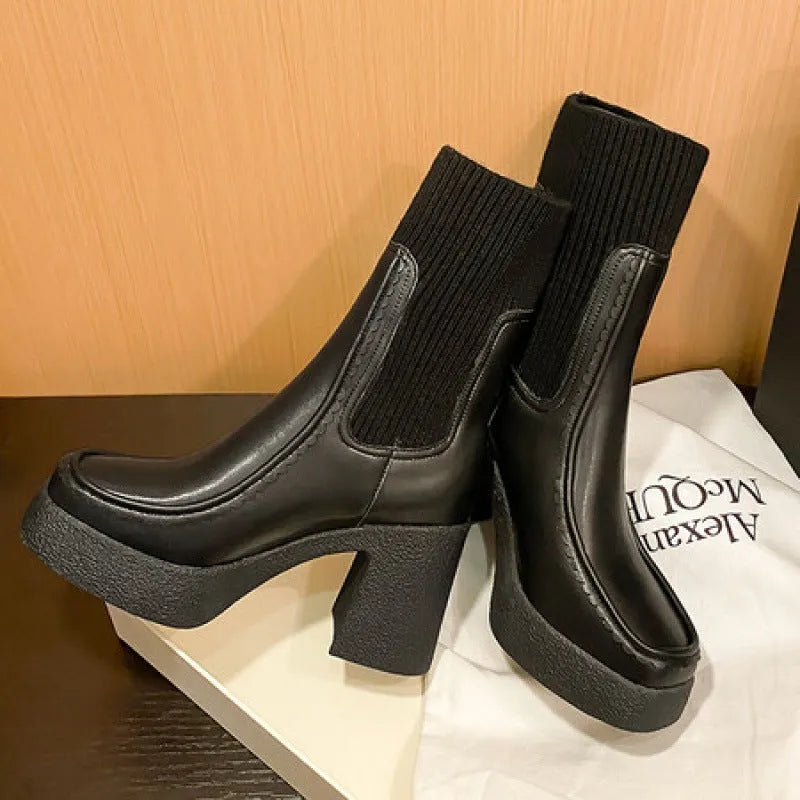 Women's cowhide leather platform Martin boots in solid black, brown or yellow, sizes 34-43