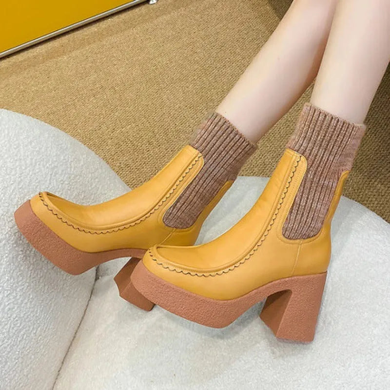 Women's cowhide leather platform Martin boots in solid black, brown or yellow, sizes 34-43