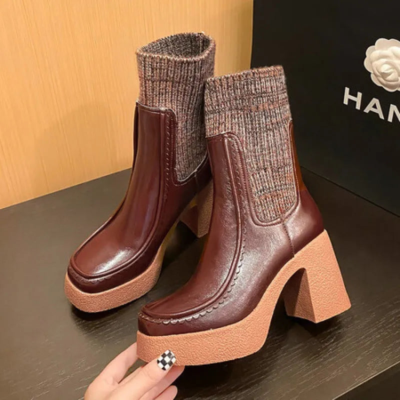 Women's cowhide leather platform Martin boots in solid black, brown or yellow, sizes 34-43