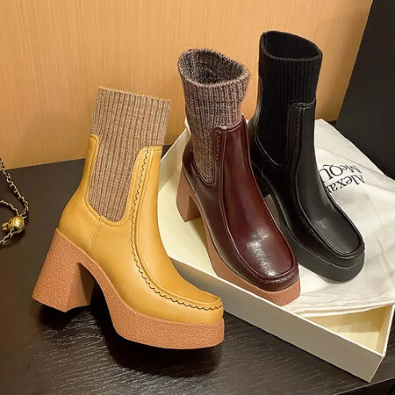 Women's cowhide leather platform Martin boots in solid black, brown or yellow, sizes 34-43