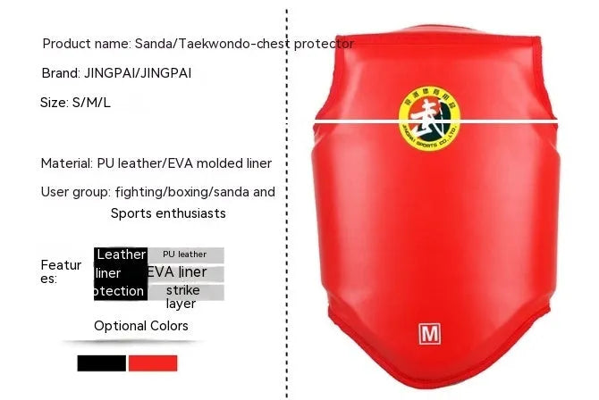 Red one-piece boxing helmet chest protector for fighting training, shown with sizes S, M, L available.