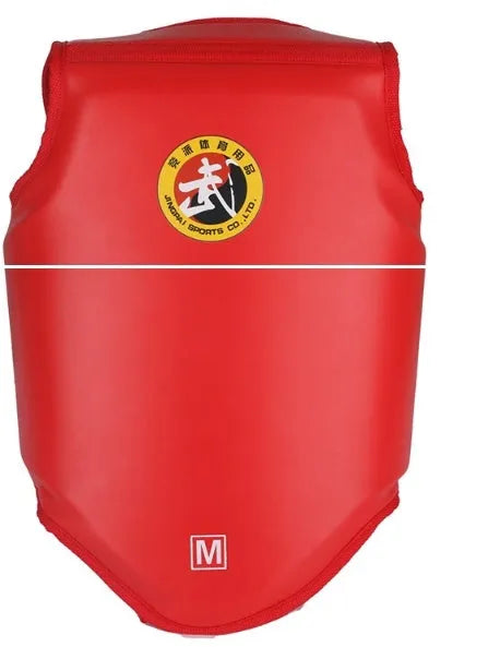 Red one-piece boxing helmet chest protector for fighting training, shown with sizes S, M, L available.