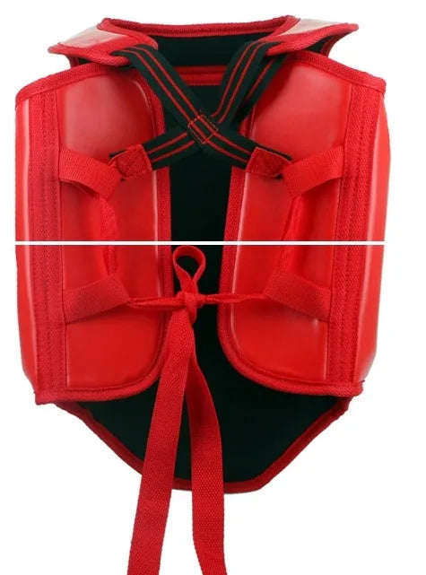Red one-piece boxing helmet chest protector for fighting training, shown with sizes S, M, L available.