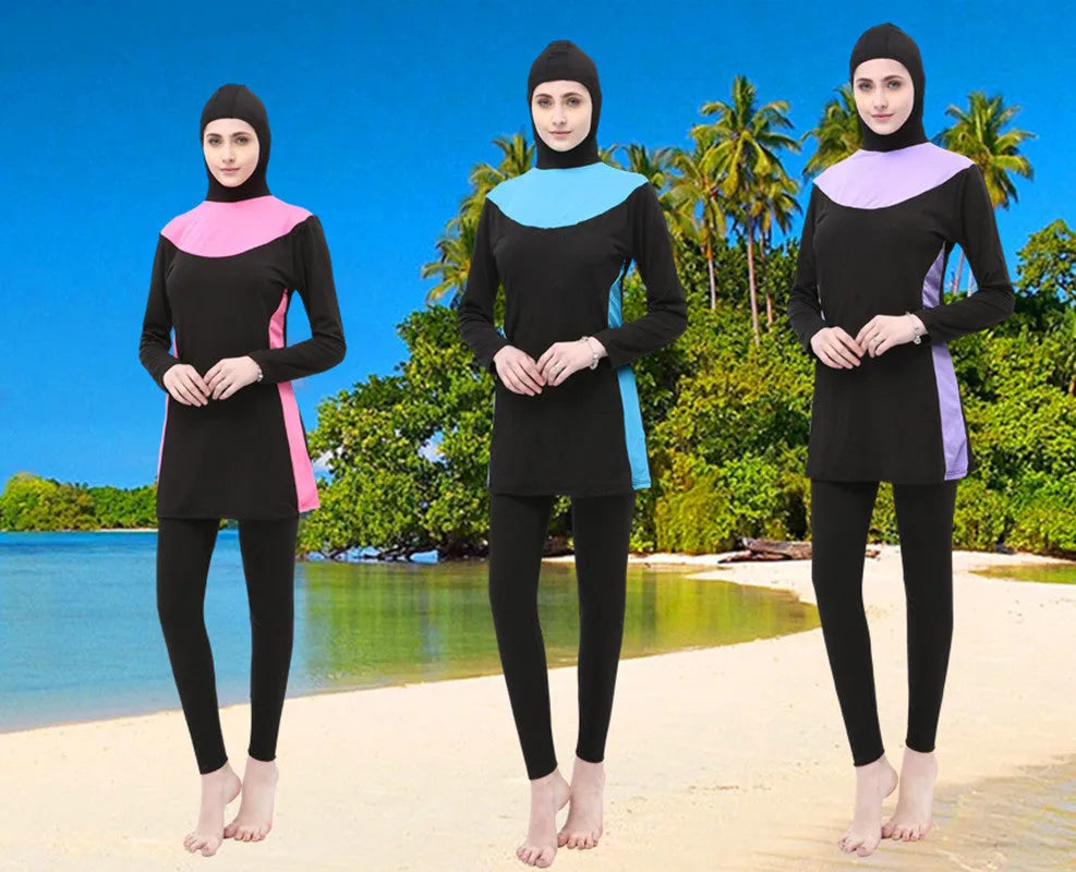 Conservative women's hooded swimsuit with long sleeves in black with coloured trim