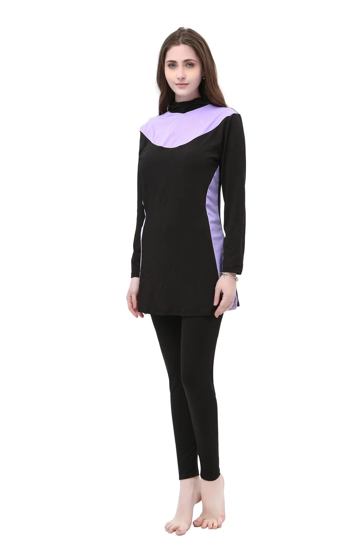 Conservative women's hooded swimsuit with long sleeves in black with coloured trim
