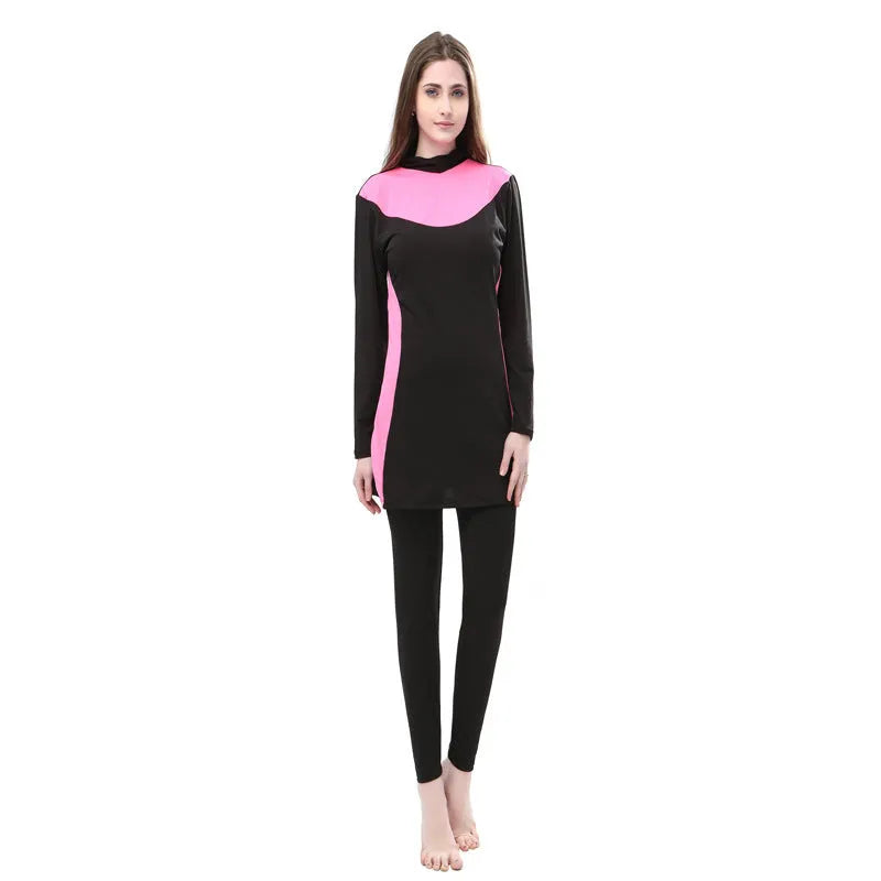 Conservative women's hooded swimsuit with long sleeves in black with coloured trim