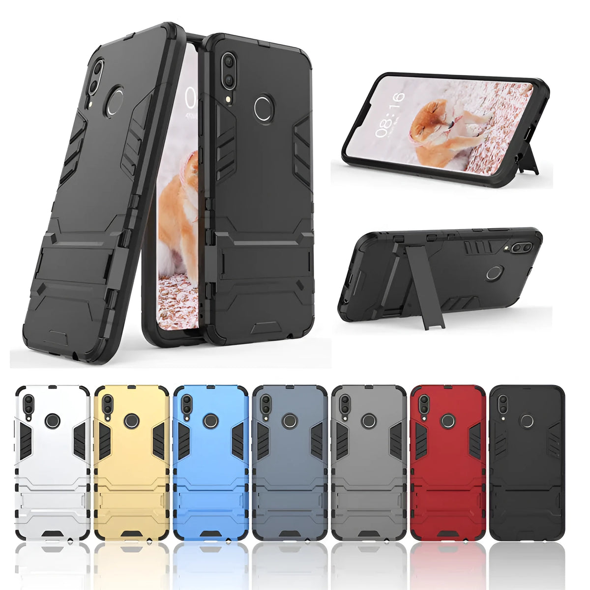 2-in-1 bracket phone case for Huawei P20 series in pure black, blue black, or red, made from TPU PC