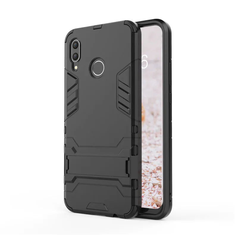 2-in-1 bracket phone case for Huawei P20 series in pure black, blue black, or red, made from TPU PC