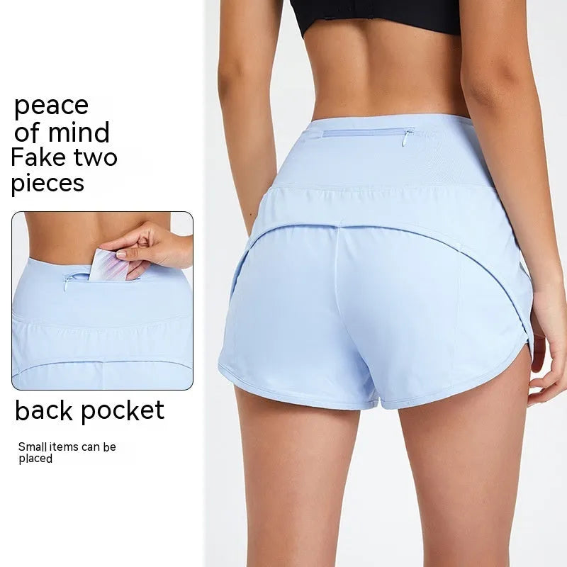 Women's black nylon fitness shorts with high waist anti-exposure design for summer sports