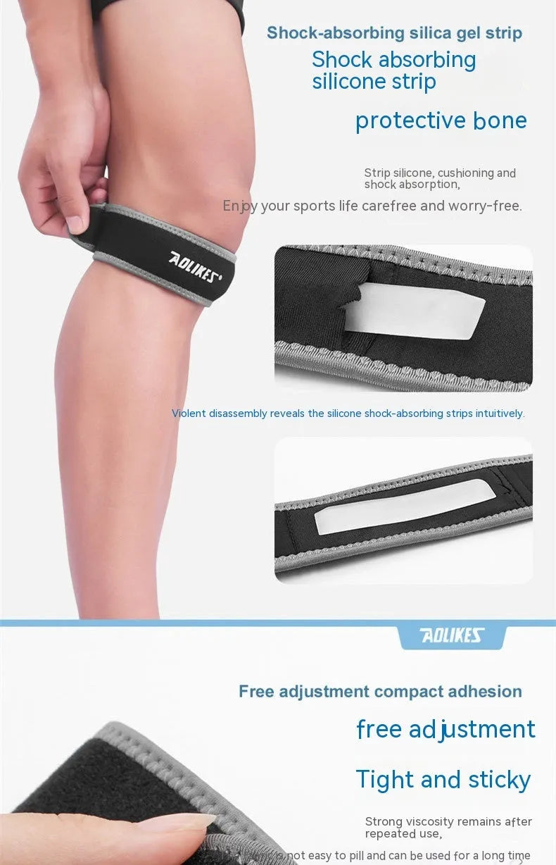 Black and grey patella retinaculum knee support for sports, showing wrap-around design.