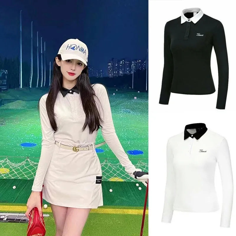 Women's white long sleeve golf top with slim fit polyester construction for outdoor sports