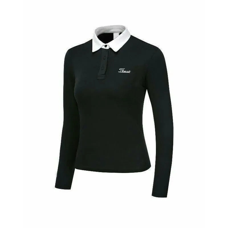 Women's white long sleeve golf top with slim fit polyester construction for outdoor sports