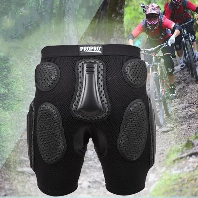 Black cycling hip protection pants showing padded hip area, sizes S M L XL available