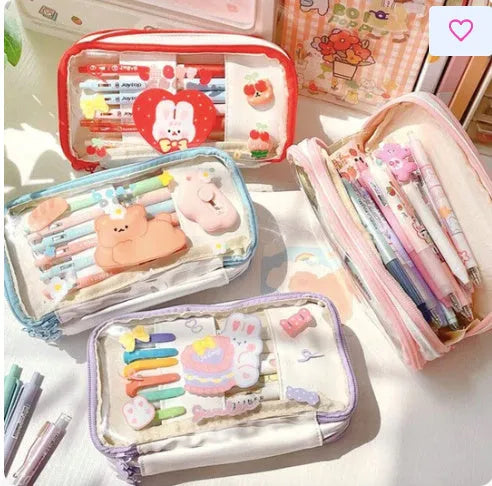 Transparent TPU pencil case with rabbit and heart designs in red and pink colour options