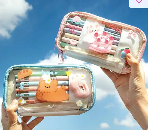 Transparent TPU pencil case with rabbit and heart designs in red and pink colour options