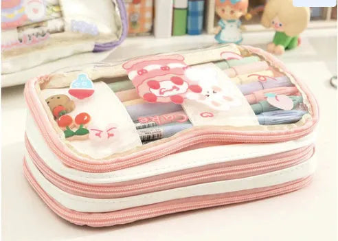 Transparent TPU pencil case with rabbit and heart designs in red and pink colour options